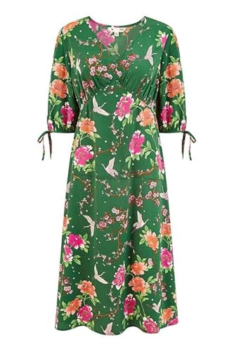 Yumi Green Recycled Crane Print Kimono Midi Dress (UK, Numeric, 12, Regular, Regular, Green)