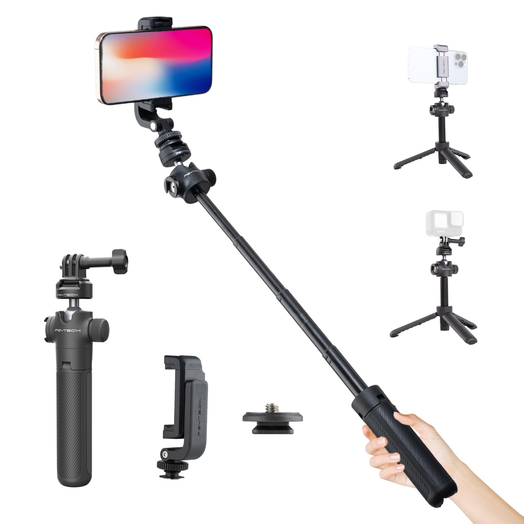 PGYTECH CapLock Extension Pole Mini Tripod with Phone Clip for DJI OSMO Action 5 Pro/4/3, Selfie Stick Rod for Gopro Hero/OSMO Pocket/Insta360, XiaoYi, Feiyu Action Cameras with 1/4"-20 Thread Adapter