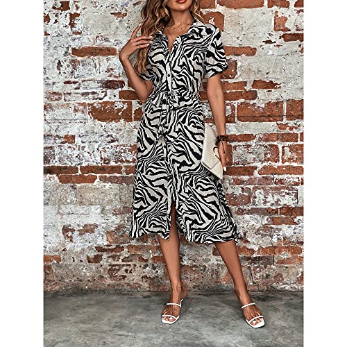 BROVAVE Women's 2025 Summer Short Sleeve Work Dresses Tie Waist Button Down Animals Print Midi A-Line Shirt Dress4