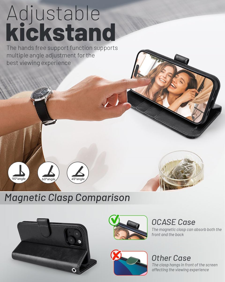 OCASE for iPhone 15 Wallet Case, Card Holder, Black