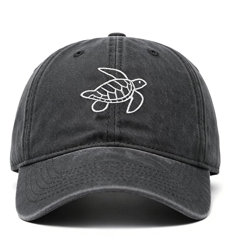 Embroidery Turtle Hats Black Adjustable Baseball Cap for Men Distressed Washed Cotton Snapback Hat for Women Funny Sea Turtle Embroidered Denim Trucker Cap Adult Unisex Sun Hats for Beach Travel