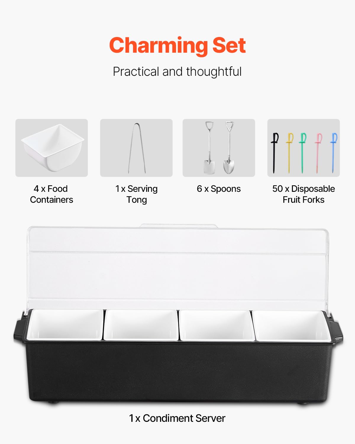 VEVOR Servidor de Condimentos Refrigerado, con 4 Compartimentos, Tapa para Guarniciones Refrigeradas, para Servir Ensaladas, Frutas, Suministros para el Hogar y Restaurantes, 503 x 165 x 117 mm