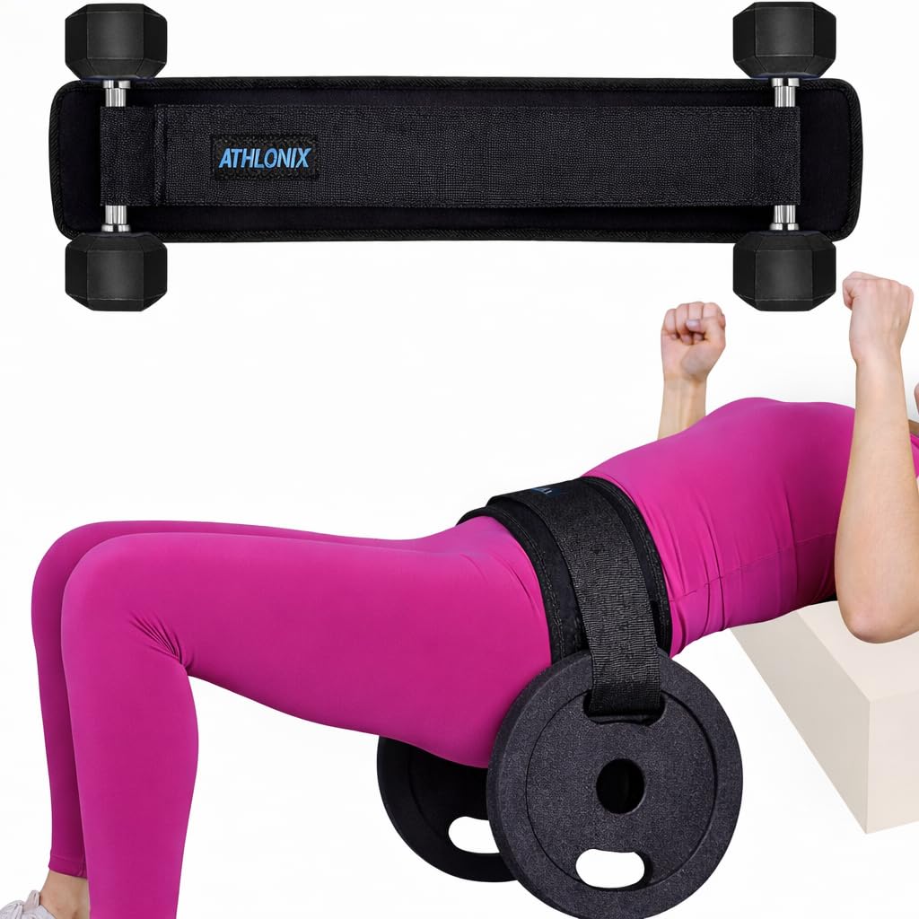 Hip Thrust Belt for Weights, Kettlebells, Plates & Dumbbell, 5 Inch Wide by 25 Inches Long, 4 Locking Straps, Non Slip 7MM Thick Padding, Adjustable