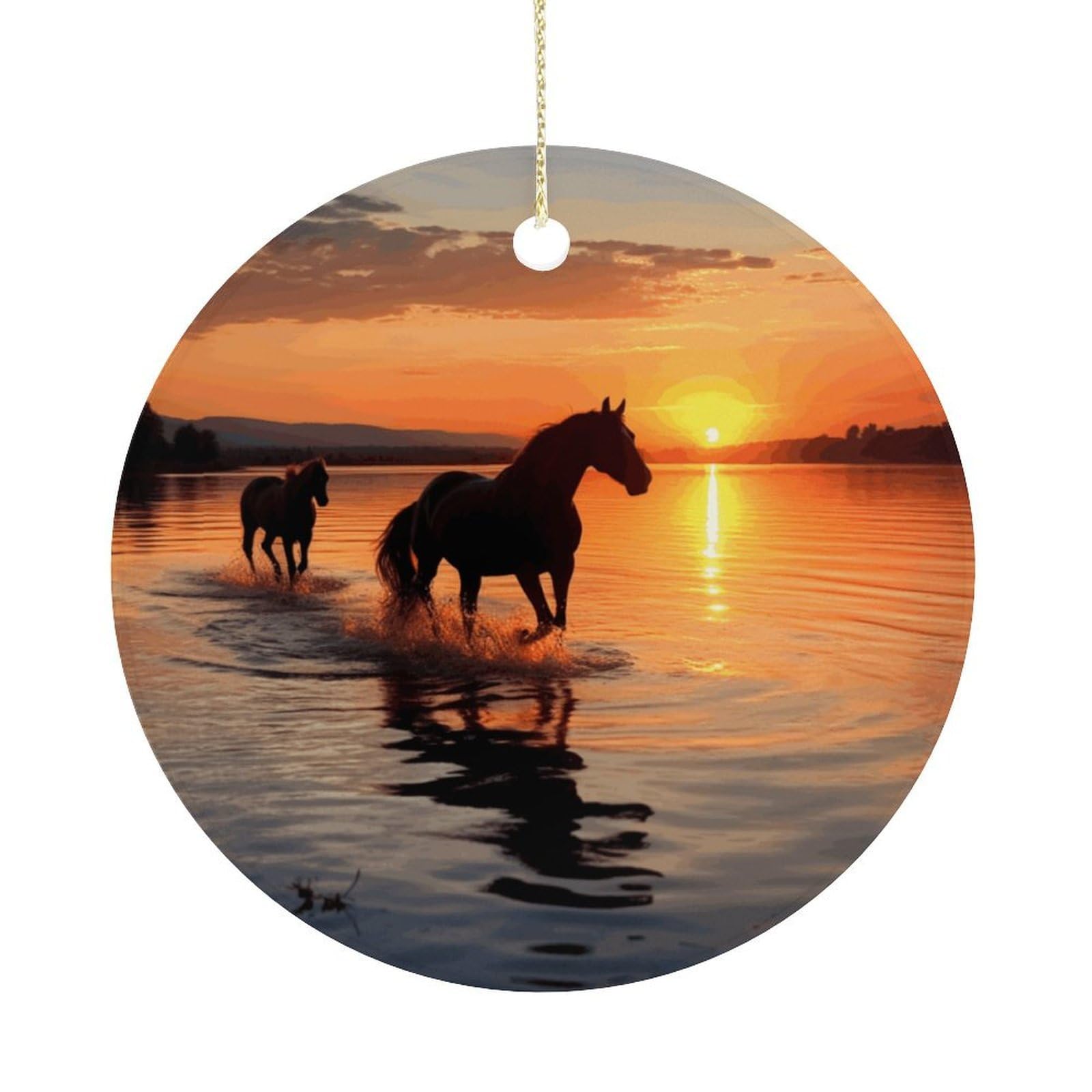 Sunsets Lake Horses Christmas Ornaments Colorful Round Ceramic Ornament Christmas Hanging Decor Christmas Tree Decorations Xmas Keepsake for Women Men Xmas Holiday Party
