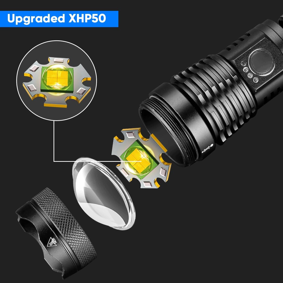Close-up of the Upgraded XHP50 LED chip in the WholeFire flashlight
