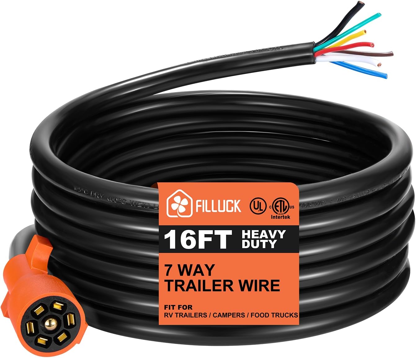 7 Pin Trailer Wiring Harness with Double Prongs Trailer Connector,7 Pin Trailer Plug Heavy Cord,Waterproof 7 Wire Trailer Cable for RV Standard-16 Feet