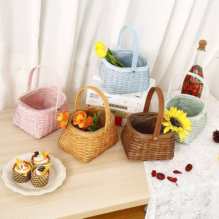 手編み　籠バッグ　バスケット Amazon.co.jp: 手編みバスケット 市場かご風 洗える 持ち手付き