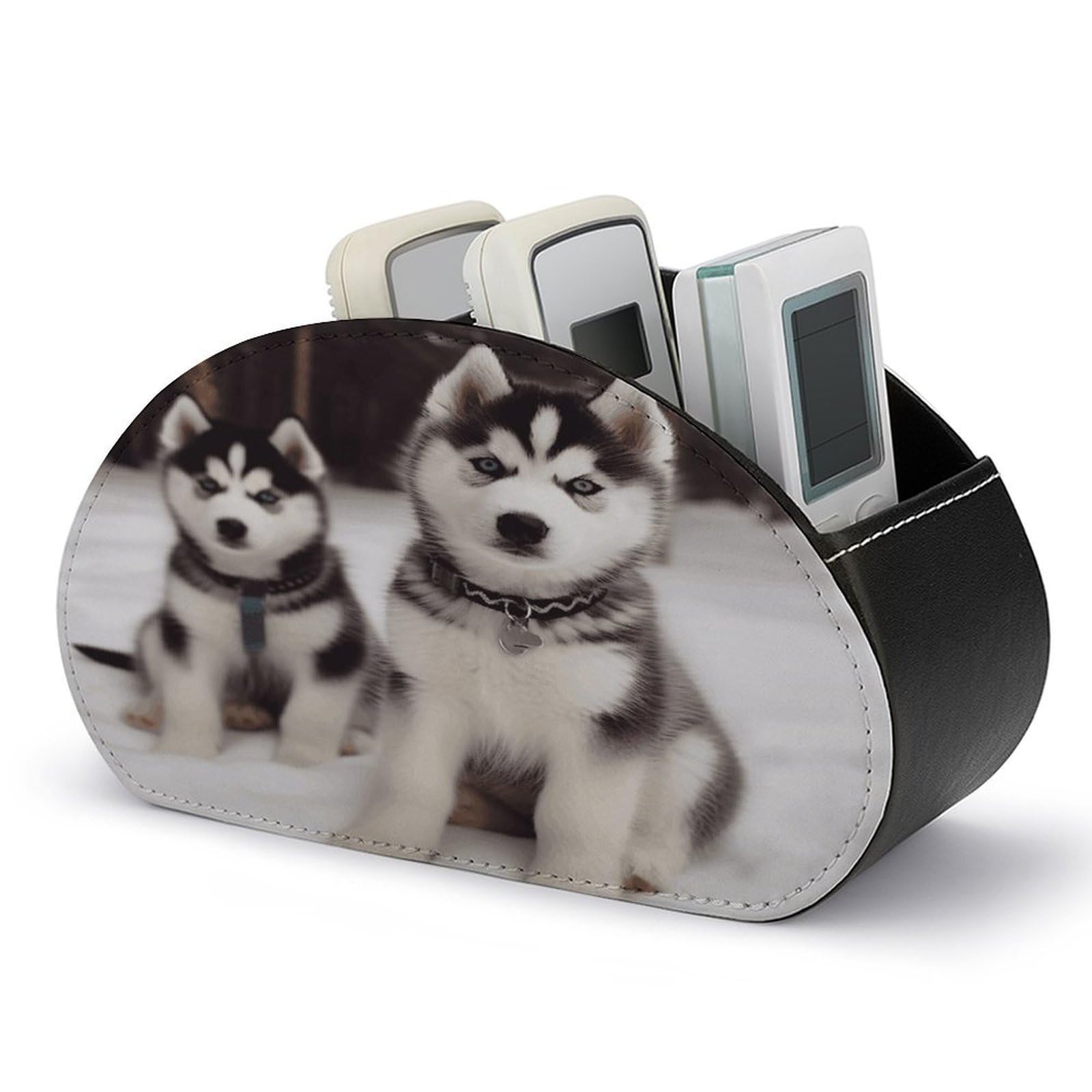 VstaDank Adorable Huskies Remote Control Holder with 5 Compartments PU Leather Remote Caddy Desktop Organizer Store TV Remote Control Storage Box for Home Office Desk Nightstand