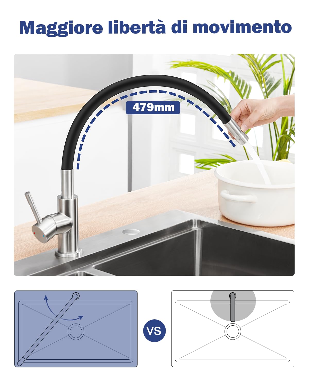 Rubinetto Lavello Cucina, Rubinetto Cucina, Rubinetti Cucina in Acciaio Inox, Miscelatore Cucina, Modalità acqua doppia, 360°Rubinetto Pieghevole Lavello Cucina, Rubinetto Sottofinestra Nero
