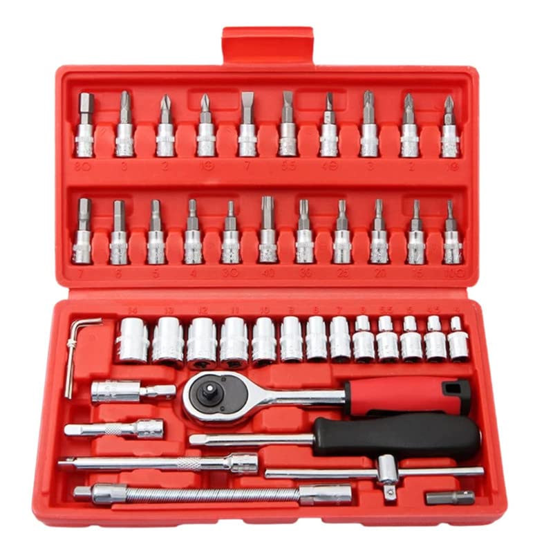 Elevea ( Stock Clearance With 12 years Warranty ) 46PC Hand Tool Sets Car Repair Tool Kit Set Workshop Mechanical Tools Box for Home Socket Wrench Set Screwdriver Kit