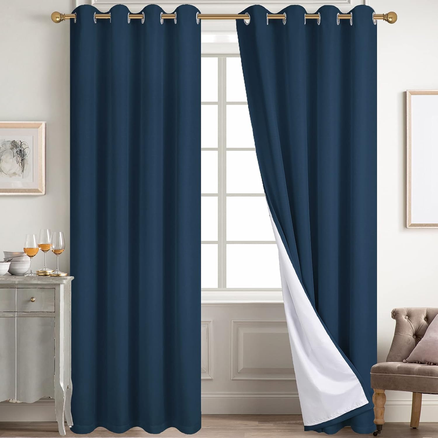 Diraysid 100% Blackout Curtains Navy Blue Linen Curtains for Bedroom Grommet Thermal Insulated Room Darkening Drapes (2 Panels, W52 x L84 Inch) 52"W x 84"L (Pack of 2) Navy Blue