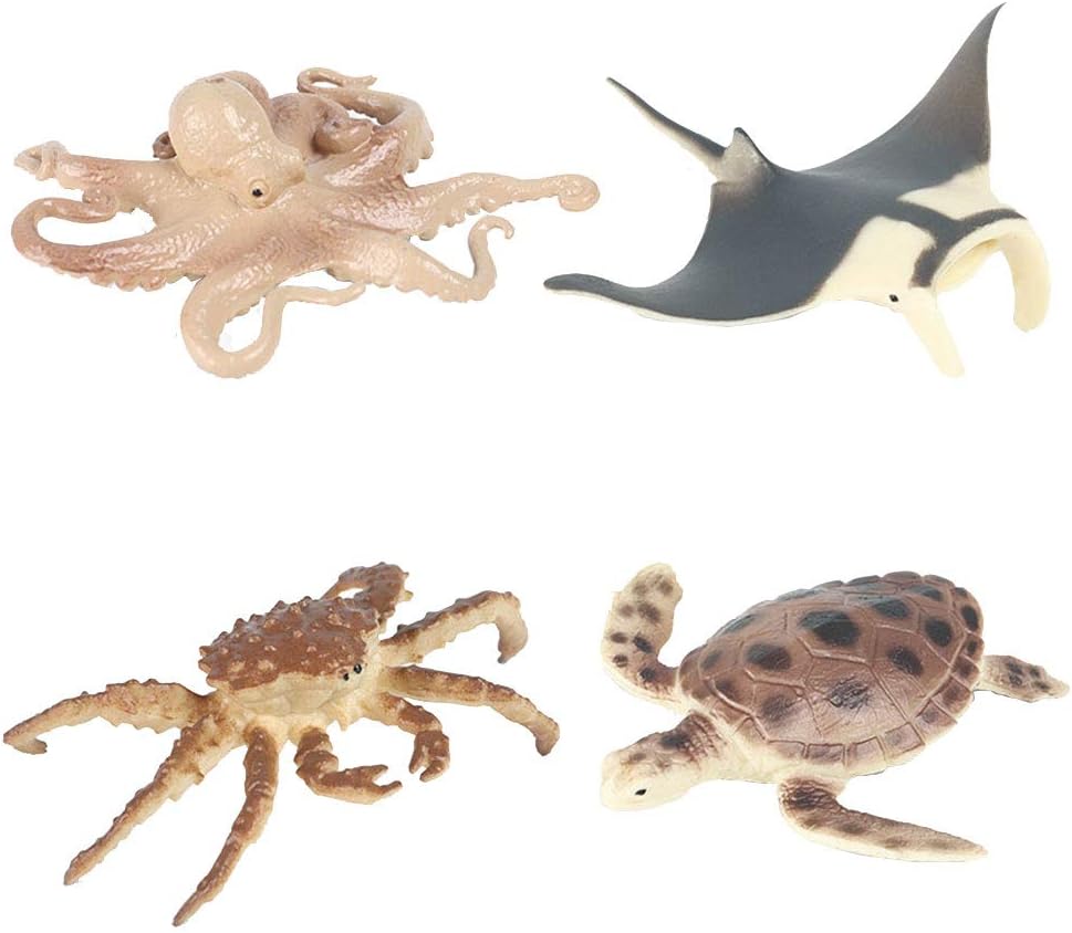 JOKFEICE Animal Figures 4 pcs Realistic Plastic Mini Sea Animals Figurines Set Includes Octopus, Manta Ray