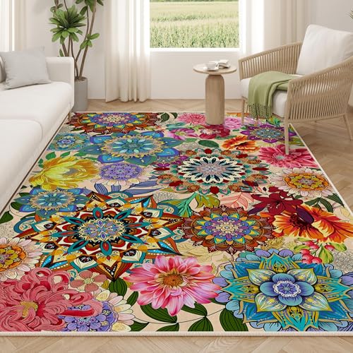 Boho Floral Rug for Living Room 5'x7', Non-Slip Machine Washable Farmhouse Floor Carpet Colorful Flowers Area Rugs for Bedroom Dining Room Boho Home Decor Aesthentic