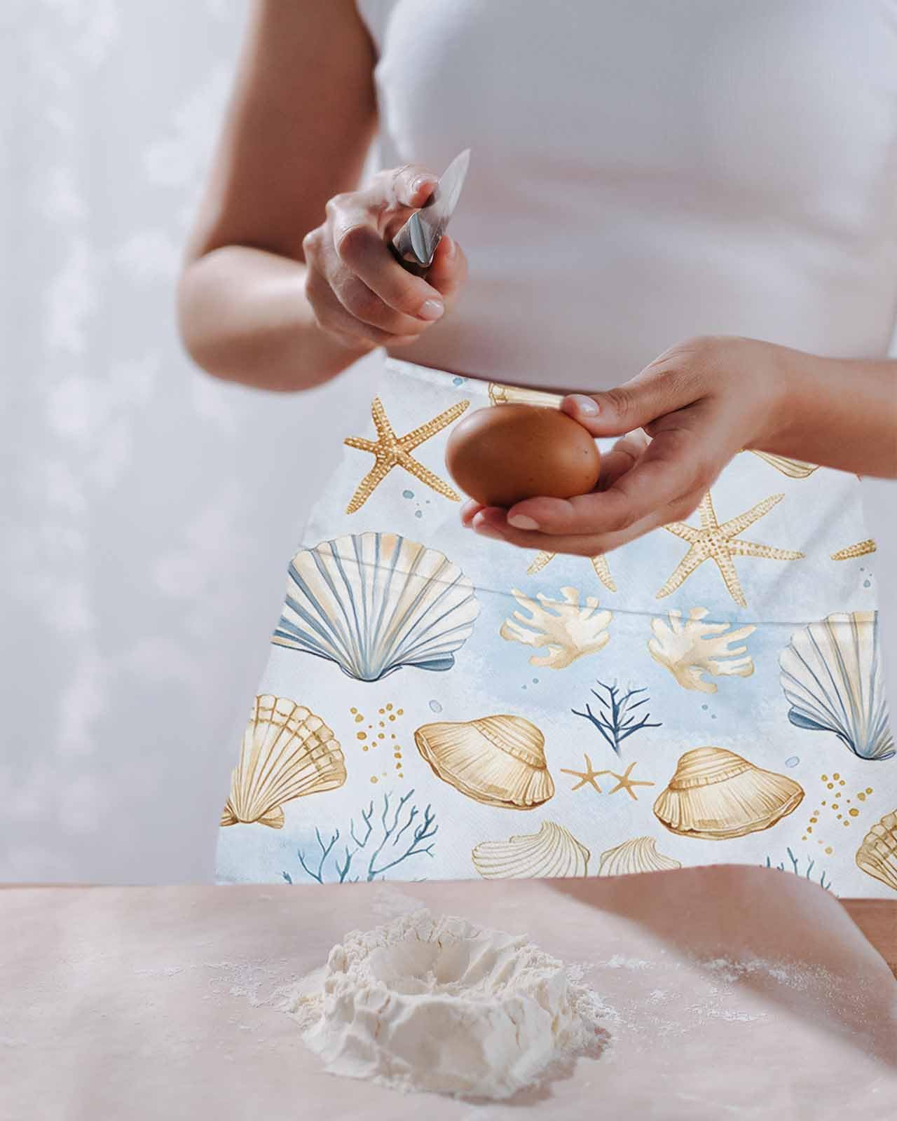 PIEPLE Coastal Server Apron Waitress Aprons with 3 Pockets, Summer Nautical Beach Shell Starfish Coral Half Waist Waiter Aprons Restaurant Chef Aprons for Women Men