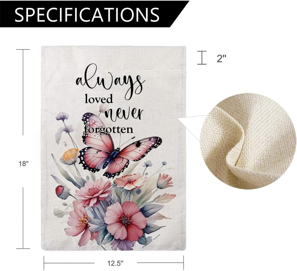 Butterfly Flowers Garden Flag 12.5 x 18 Inch Always Loved Never Forgotten Memorial Garden Flag Double Sided Spring Summer Yard Flags for Outdoor Seasonal Porch Lawn Decor (Pink) - Image 6