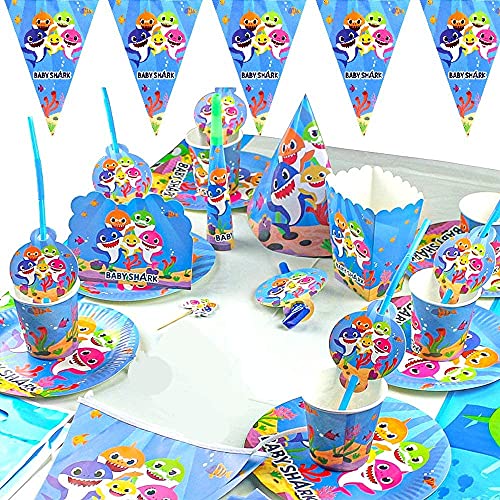 Shark Party Supplies Set Baby Shark Party Servies Haai Party Platen Papieren Bekers, Tafelkleed, Banner voor Kinderen… - Image 3