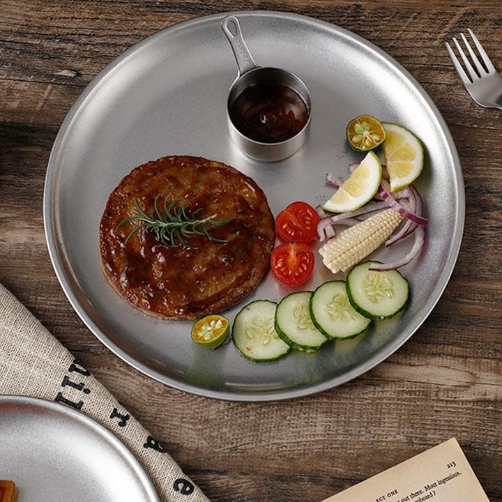 Miniatura 8 de 3 platos de acero inoxidable con 9 bandejas de platos reutilizables de estilo retro para servir alimentos, platos redondos para restaurante, hotel,