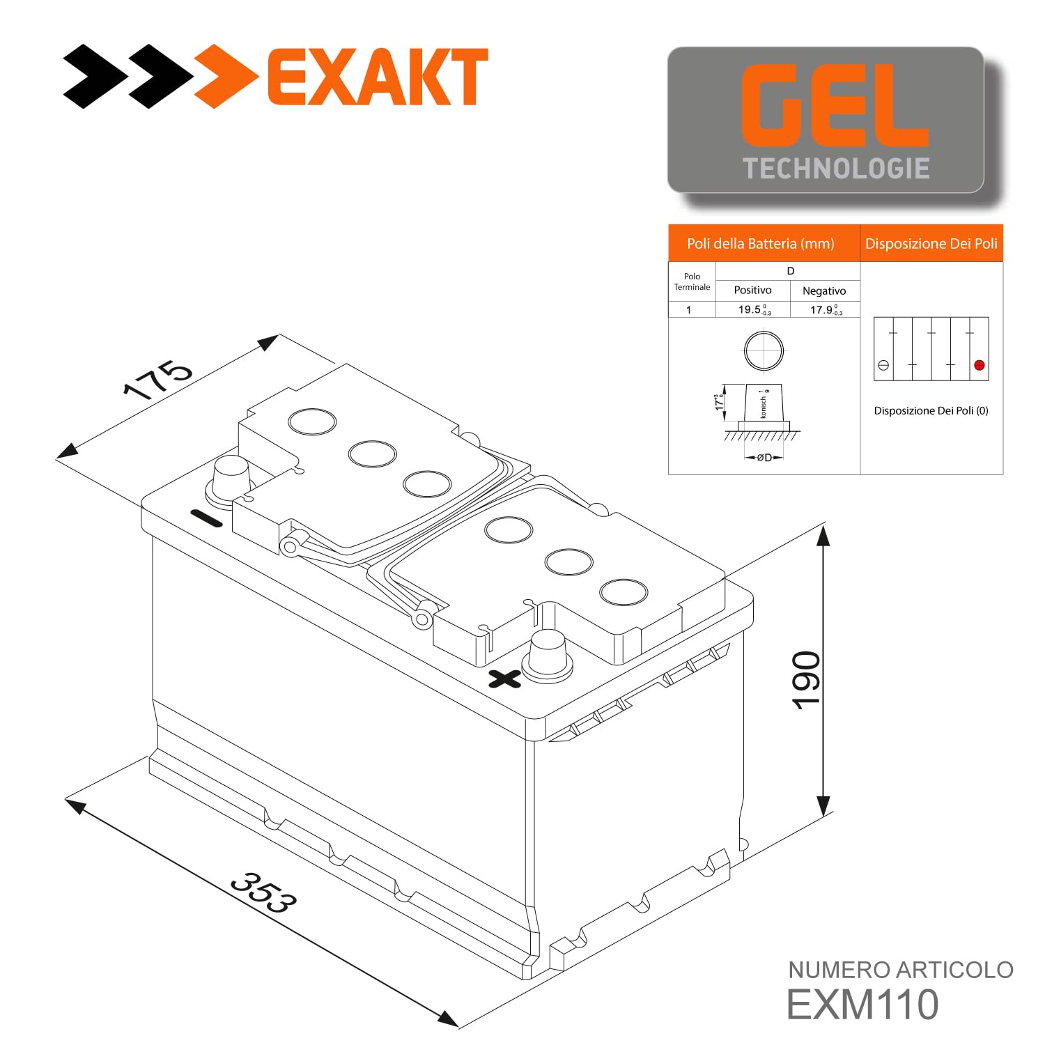 EXAKT batteria GEL 12V 110Ah barca solare camper caravan scarica lenta