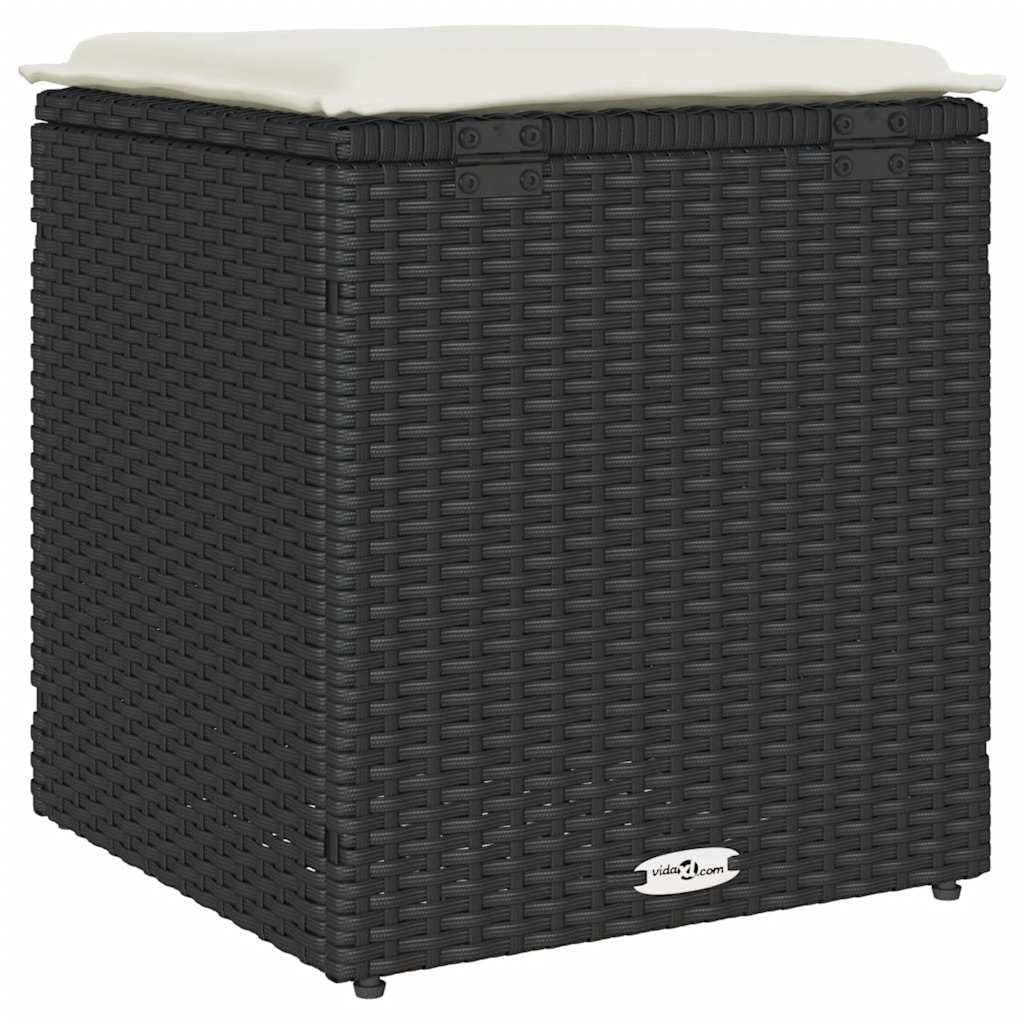 Zestaw 2 stołków ogrodowych z miejscem do przechowywania, polirattanowy taboret do siedzenia z poduszką do siedzenia, kolor czarny, 40 x 40 x 43 cm