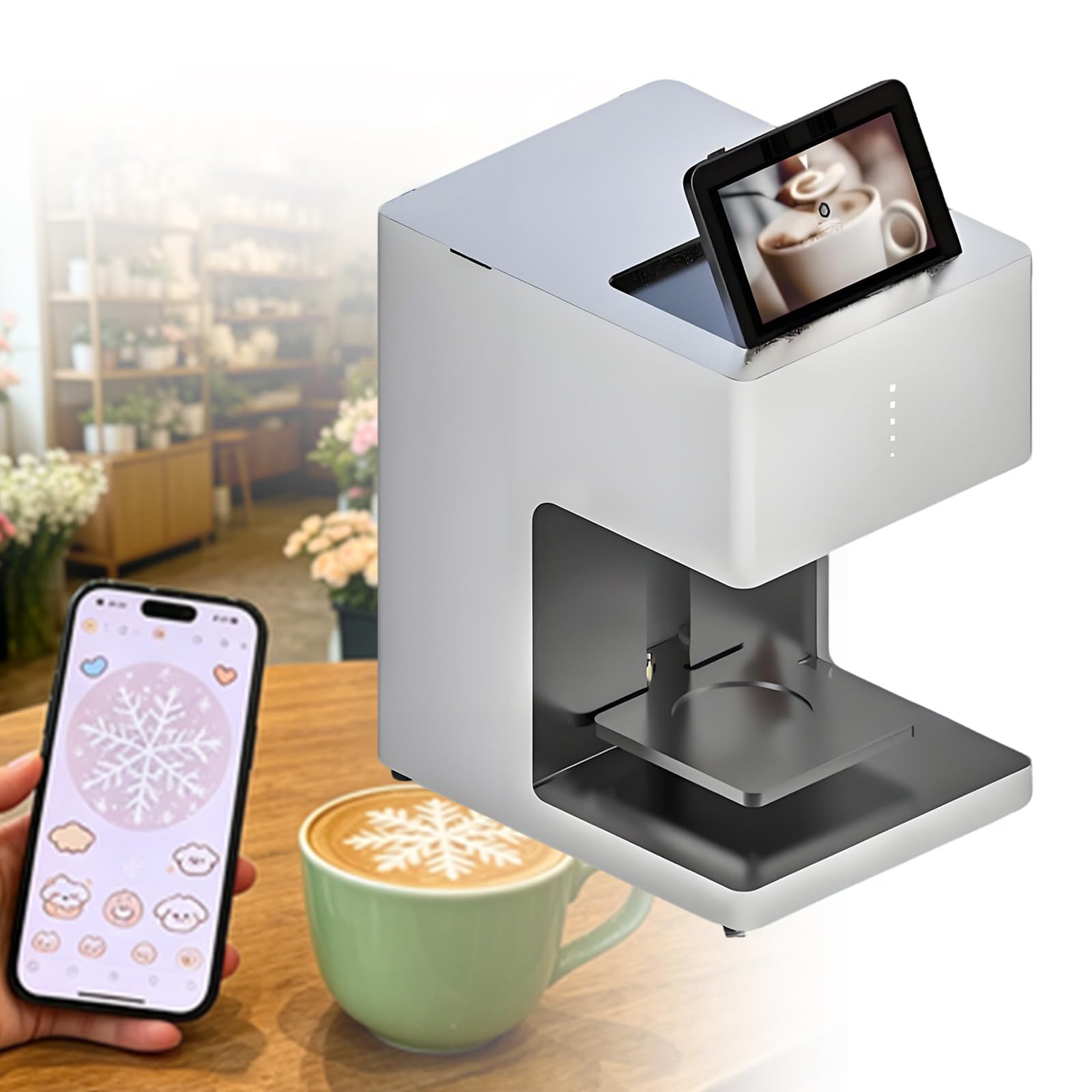 Coffee Printer Automatic 3D Latte Machine One-Touch Operation DIY Printing Photo Printer On Food Like Cake Bread Coffee,Codes On Tables; Guests Scan & Print Instantly 3ColorsWhite