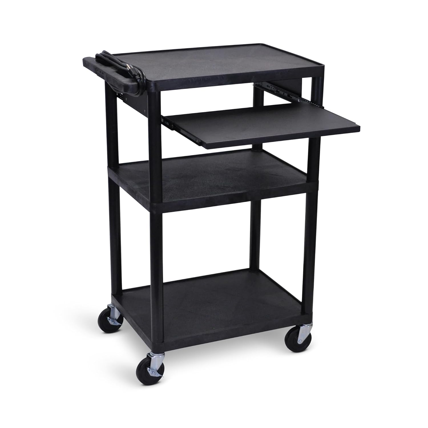 LUXOR UCPL2LE-B 42"H Utility Cart - Three Shelves, Electric, Pullout Shelf, Black