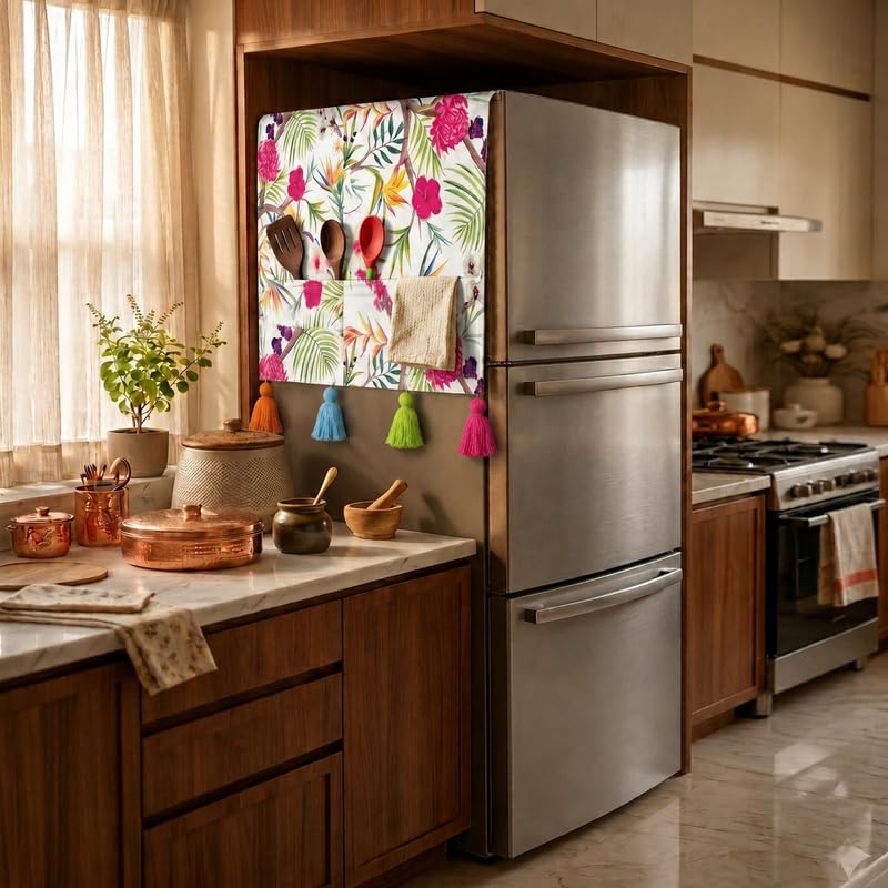 Image of Triple Door Fridge Cover 100-250L | 450 GSM Durable Fridge Top Cover with Tassels & Pockets | Fits Godrej, LG, Haier, Samsung Models | Dustproof Refrigerator Cover in Floral | WWW.THROWPILLOW.IN