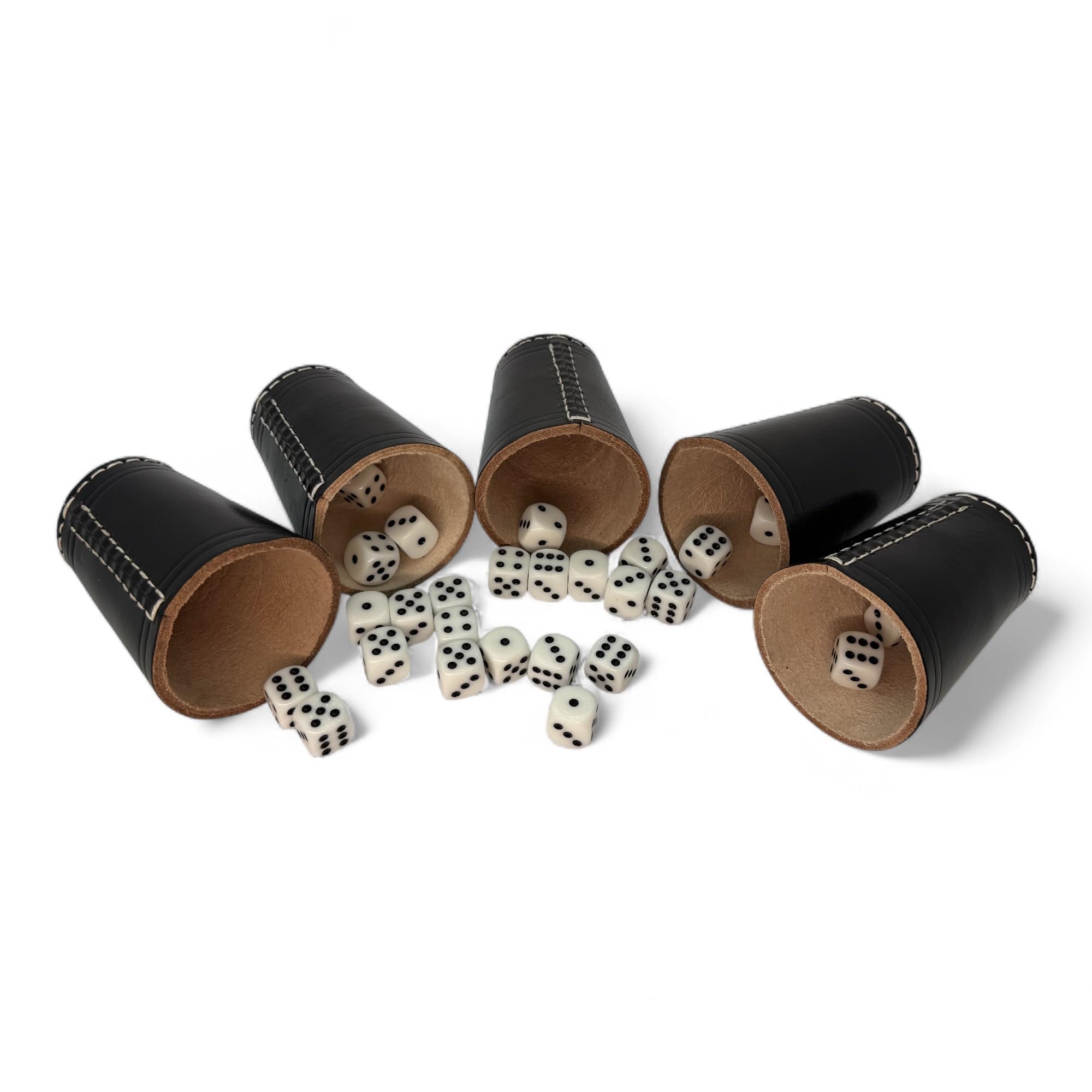 Würfelbecher aus Echtleder 5er Set – inkl. 30 Würfel (16 mm) – Handgefertigte Premium Lederbecher – Schwarz – 9 cm Höhe, 7 cm Ø – für Spieleabende