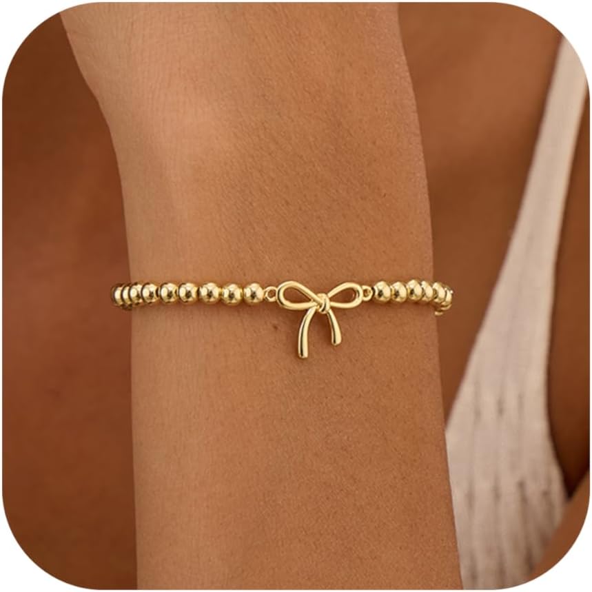 Valentines Day Gifts for Women Her - Beaded Stretch Handmade Ball Bracelets Cute Charm Bracelet Dainty Stackable Cross Heart Bow Wave CZ Jewelry Gifts Trendy Stuff - Image 7