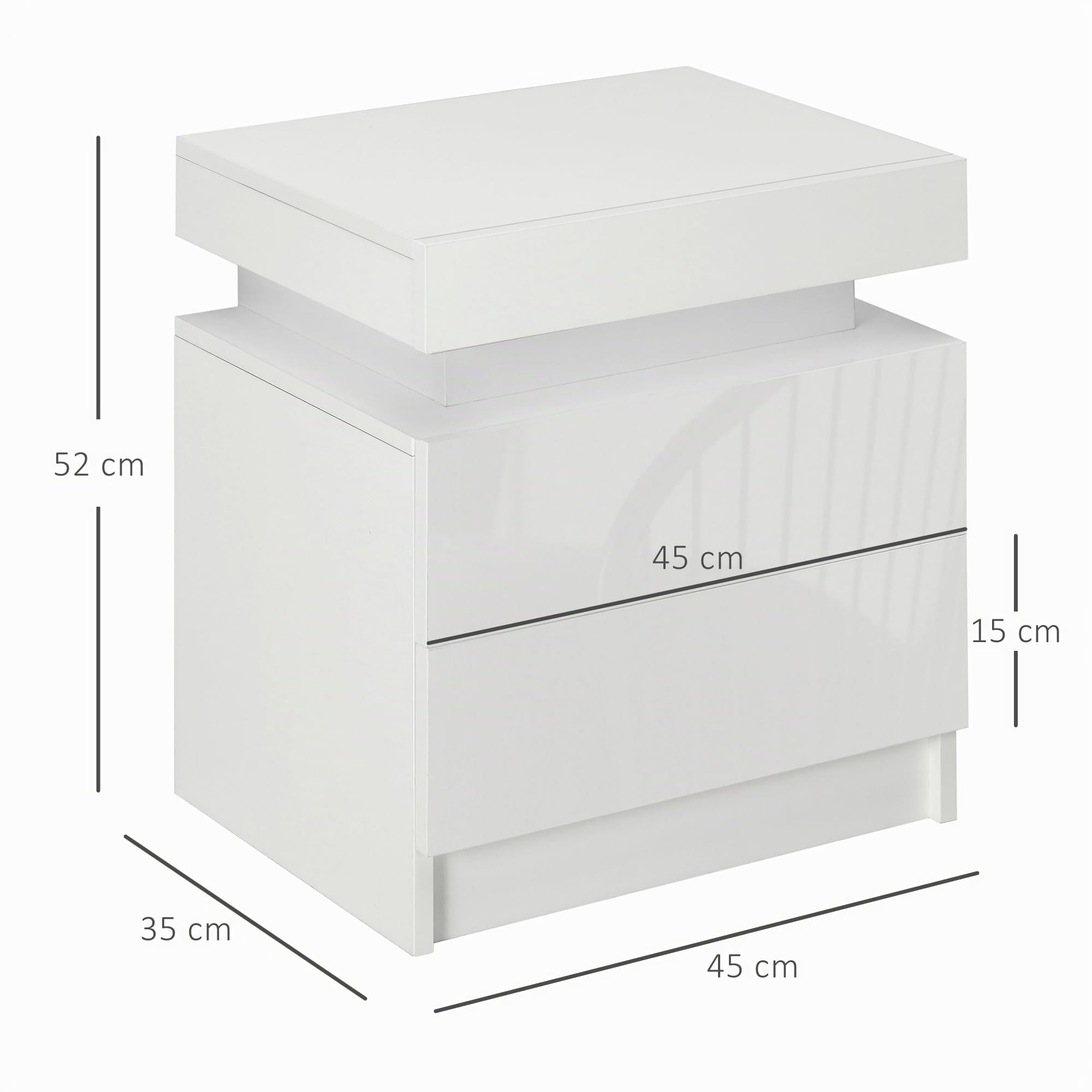 HOMCOM Comodino Camera da Letto LED 2 Cassetti 45x35x52 cm Bianco Lucido
