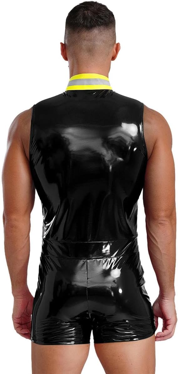 Mens Faux Leather Bodysuit Stand Collar Sleeveless Front Zipper Reflective Stripe Jumpsuit Costume.