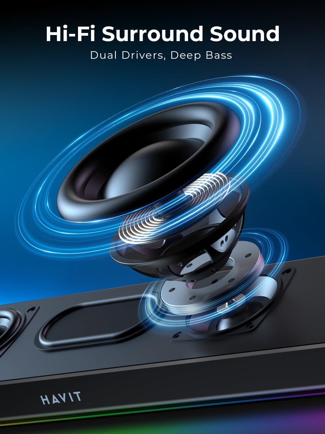 Havit Haut-parleur pour ordinateur de bureau, barre de son Bluetooth 5.3 avec éclairage LED dynamique, HiFi stéréo, haut-parleur Bluetooth portable, haut-parleur de jeu pour PC, ordinateur portable