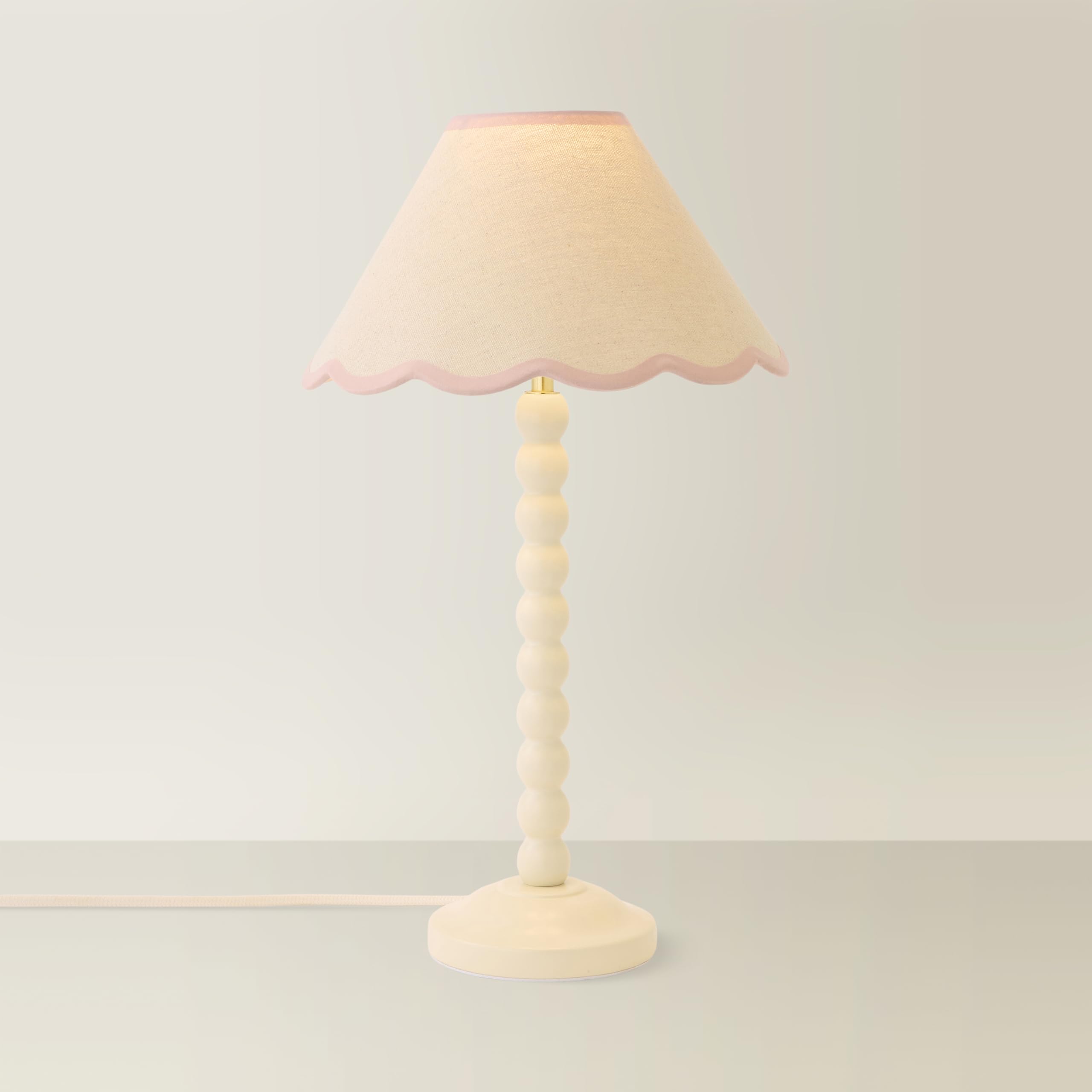 ValueLights Bobbin Colour Trim Linen Shade Cream Bobble Table Lamp with Bulb in Baby Pink