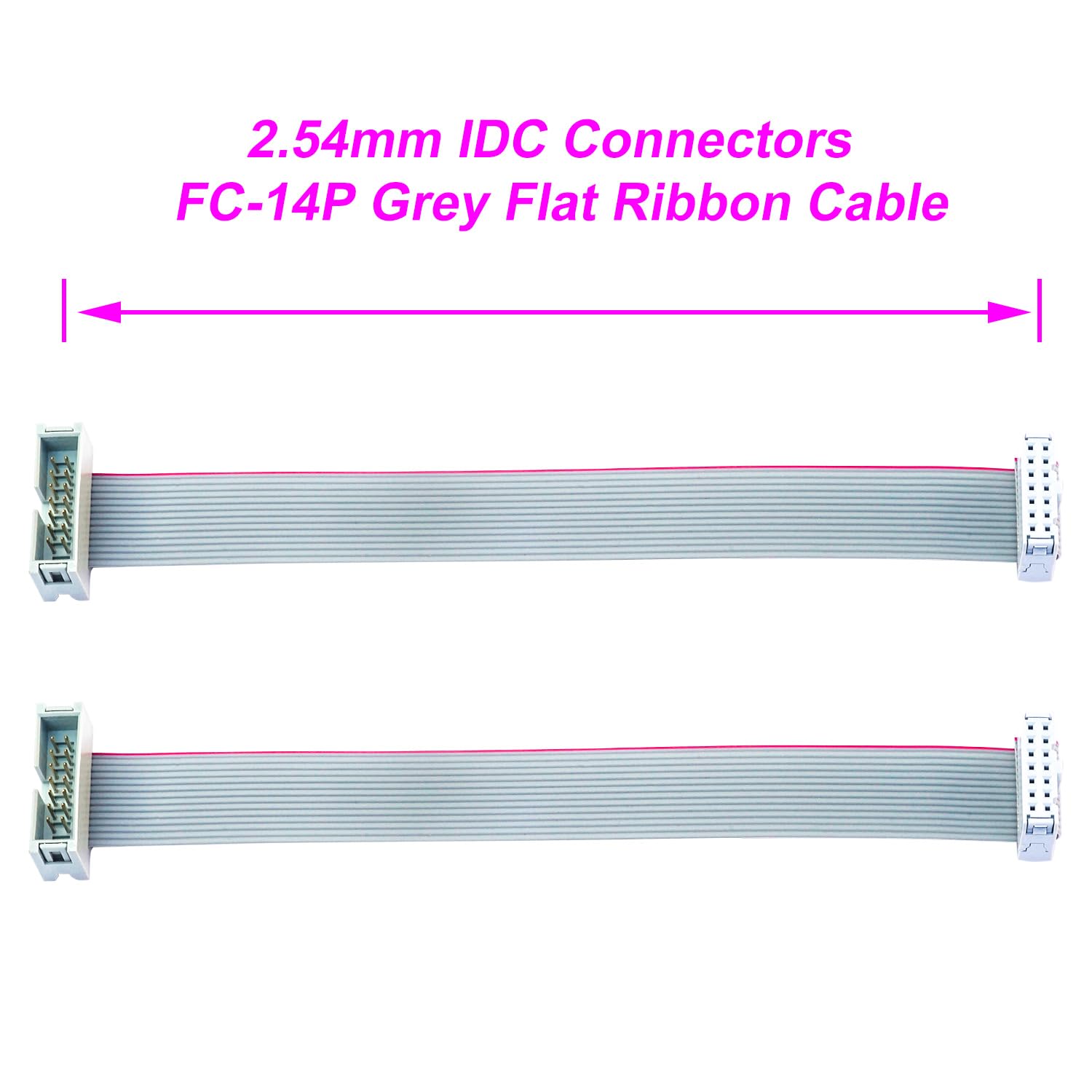 Cable plano IDC de 2,54 mm macho a hembra, conector de cable plano 14P FC 14 pines 50 cm de longitud, 2 unidades (TC-50cm-MF14P-2)