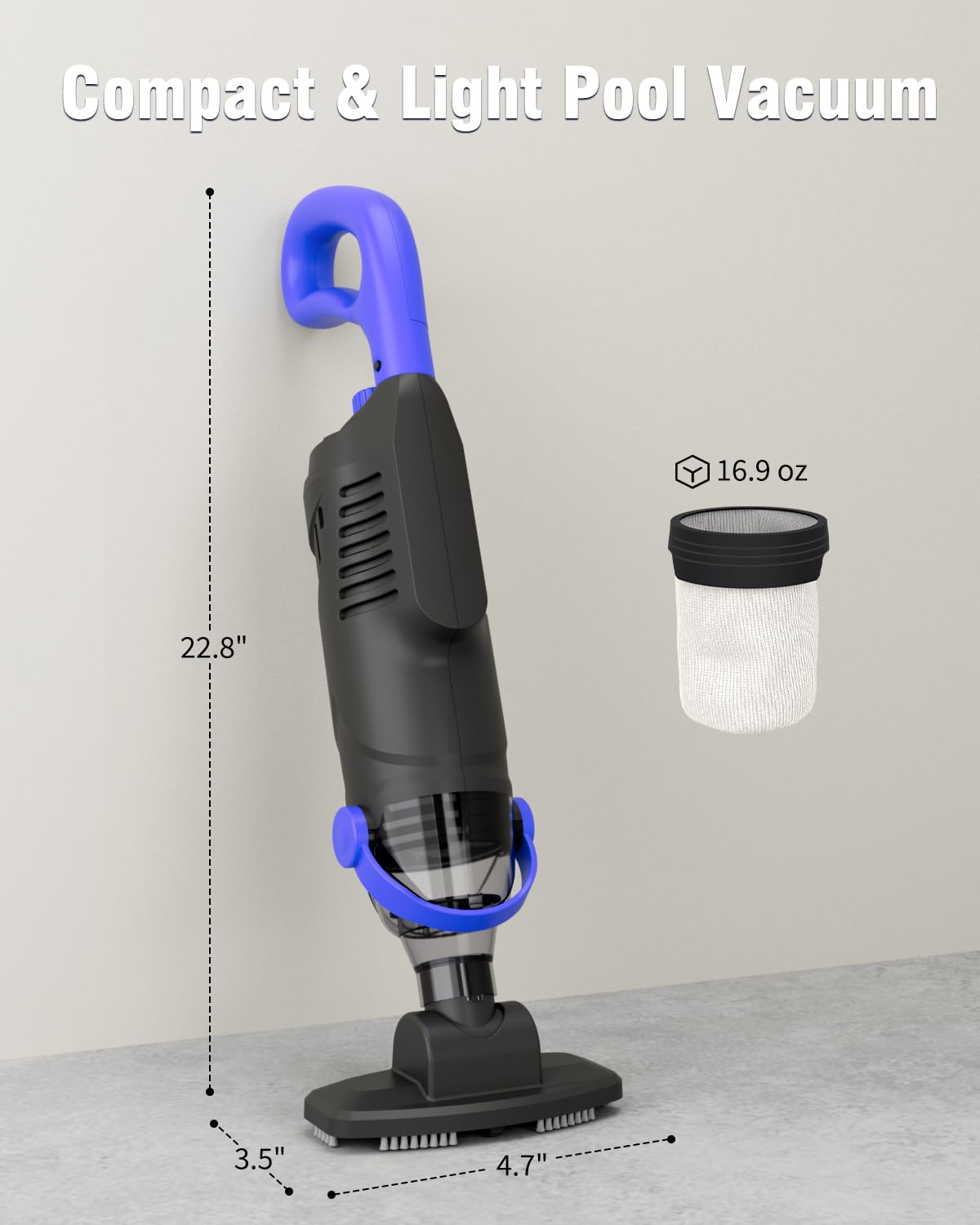 Little Shark Aspirapolvere a batteria per piscine all'aperto e vasche idromassaggio, motore da 60 W, potente aspirazione di 18 GPM, batteria compatta da 5000 mAh, autonomia di 60 minuti (nero)