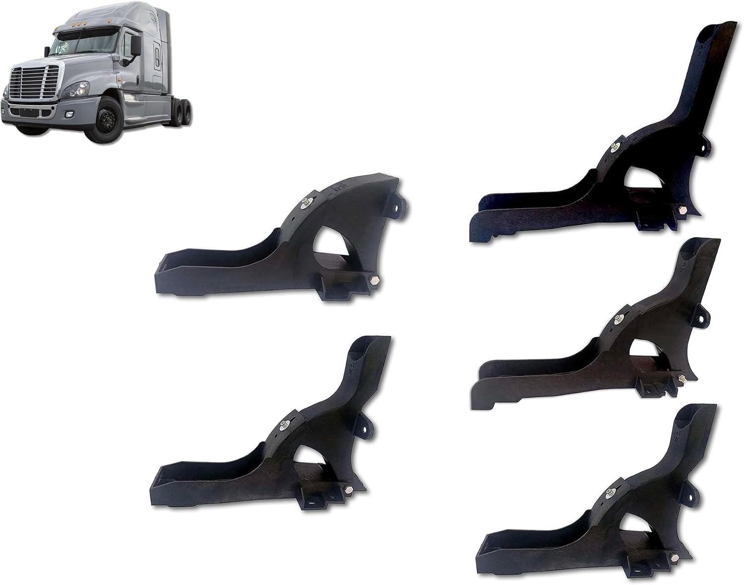 5 Pieces Combo - Top and Bottom Cabin Fairing Mounting Brackets Black for Freightliner Cascadia 2008-2016 - Driver (Left Side) Plus Freightliner Logo