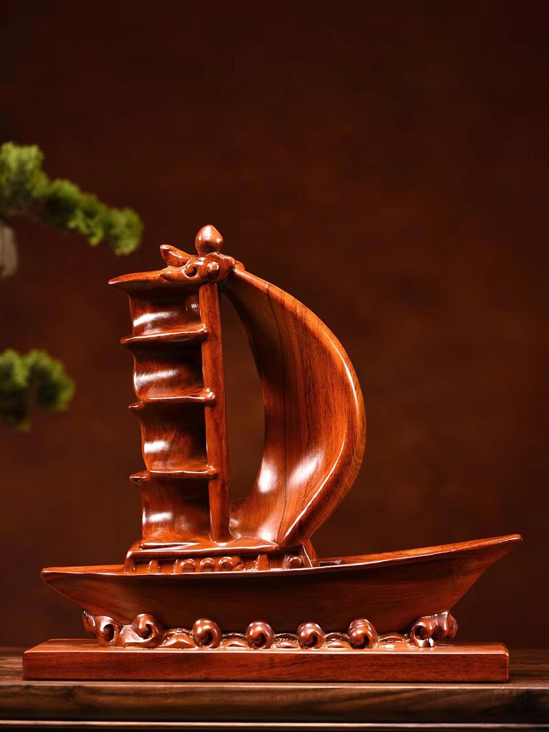木彫り【七福神 宝船 置物】縁起物 木製 花梨木 七福宝船(しちふくたからぶ
