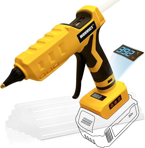 MONVICT Cordless Glue Gun for Dewalt 20V Battery, Upgraded 100W Digital | Temperature Adjustable Handheld Electric Power Full Size Heavy Duty Hot Glue Gun with 10 Glue Sticks (Battery Not Included)