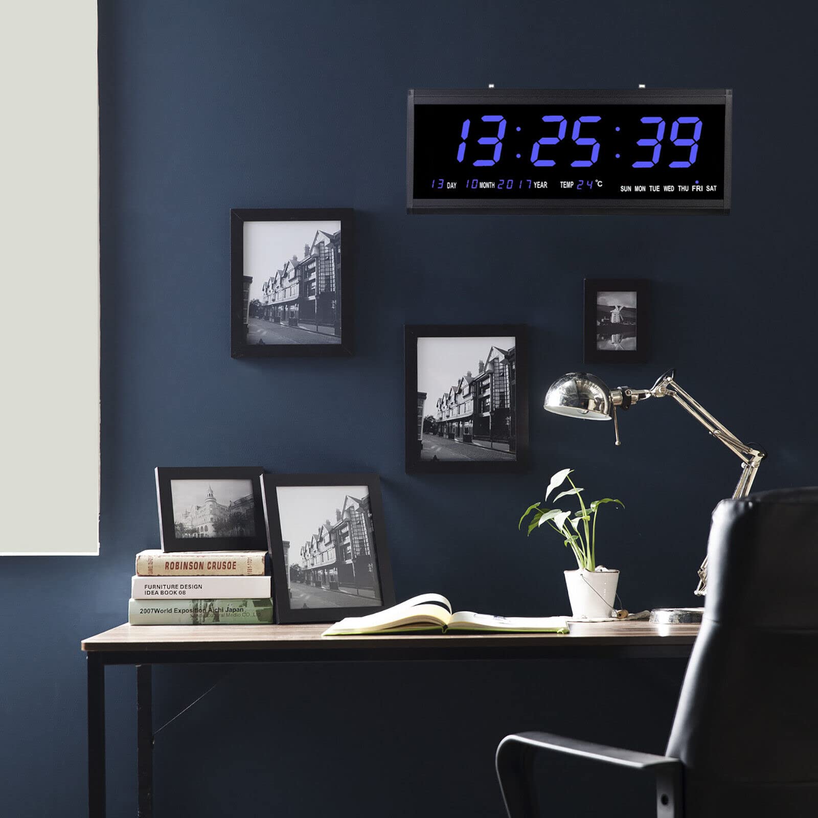 Reloj de pared digital LED para personas mayores, reloj de mesa, salón, oficina, con fecha y temperatura, 480 x 190 x 30 mm (letra azul)