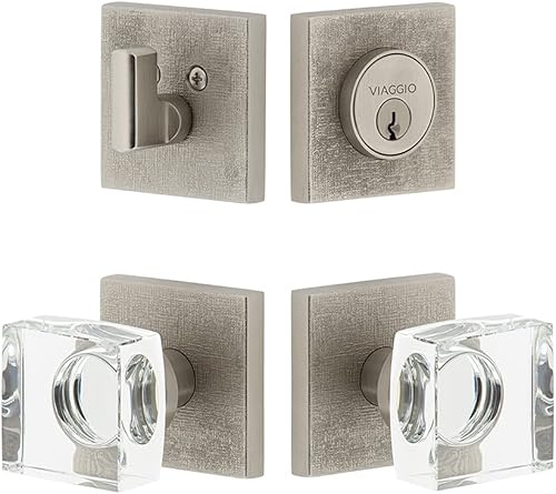 Viaggio 628751 Pomo de cristal cuadrado, roseta de lino y níquel satinado y cerrojo a juego, fondo: 2-3/8"