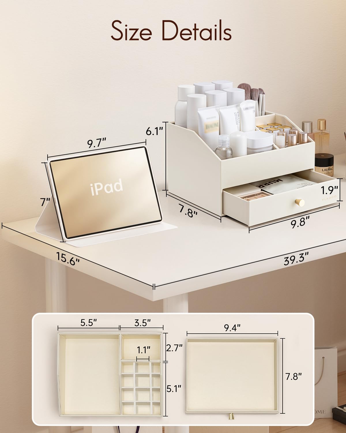 Vlando Organizer per trucchi con cassetti, organizer per cosmetici in pelle PU, organizer per profumi, grande espositore per rossetti, profumi, pennelli, regalo per donne, beige