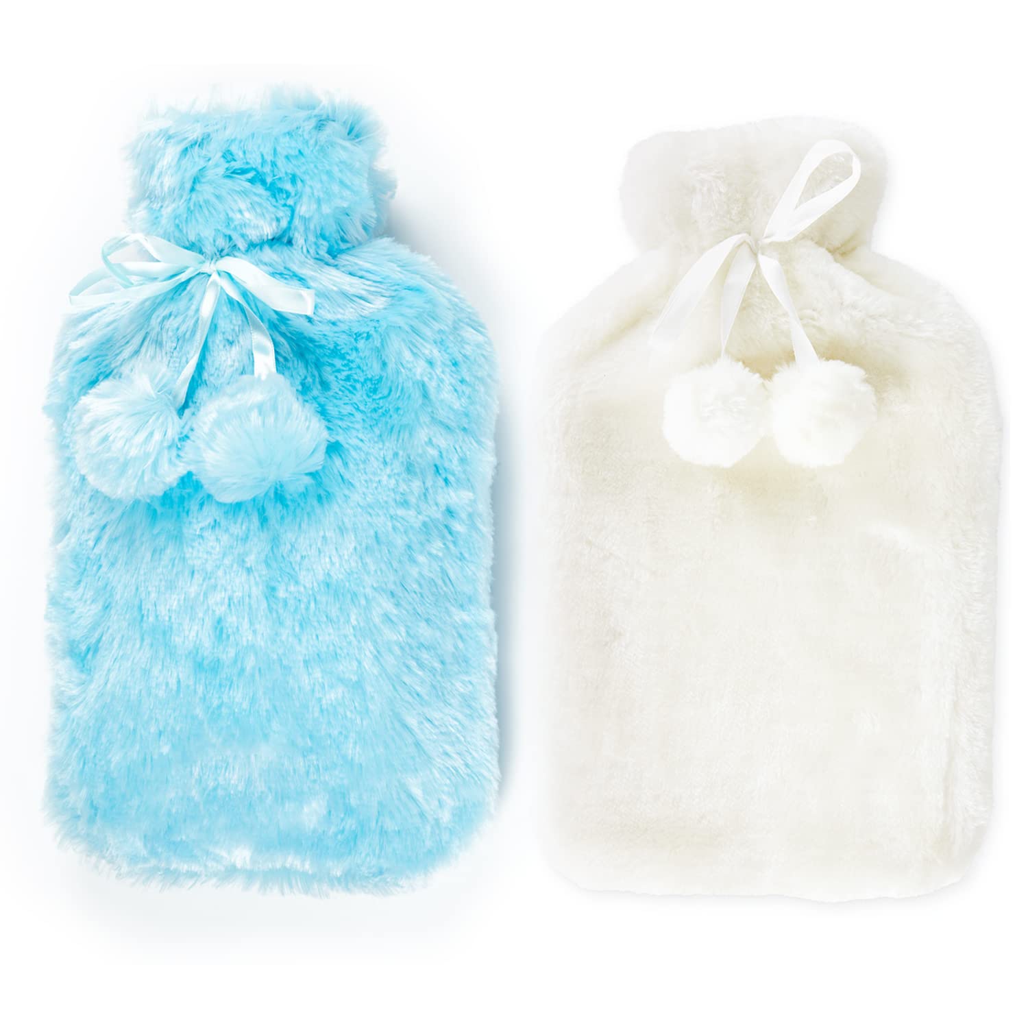 Wärmflaschen mit Bezug UK – 2 x Wärmflaschen aus Naturkautschuk, 2 l, perfekter Wärmbeutel zur Schmerzlinderung, Handfußwärmer (cremefarbene Flaschen mit 1 x meerblauer und 1 x weißer Bezug)