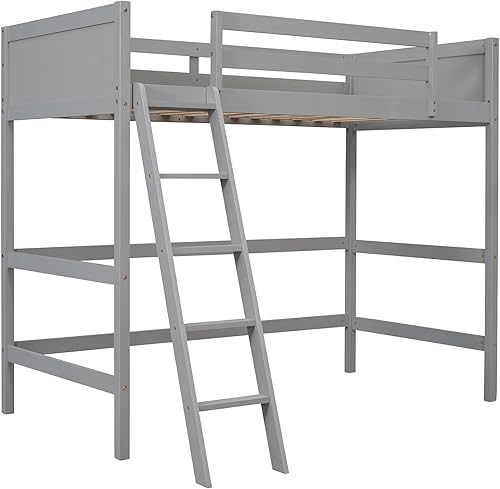 Miniatura 7 de SOFTSEA Cama alta de tamaño individual con escalera, cama alta de madera con barandilla para niños y adolescentes, ahorro de espacio, no necesita