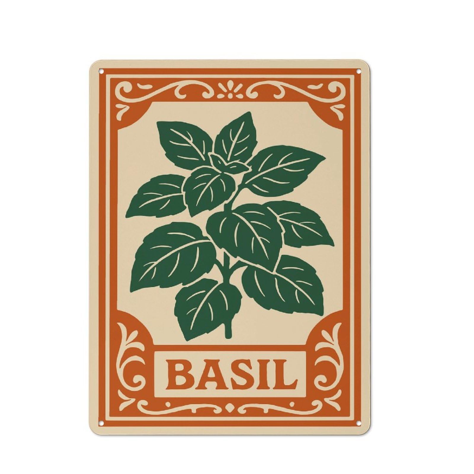 Junmoney Style-1 Metal Wall Sign 40X30cm Featuring Basil Herb Illustration For Living Room Wall, For Metal Sign Collectors, For Garage And Workshop Walls