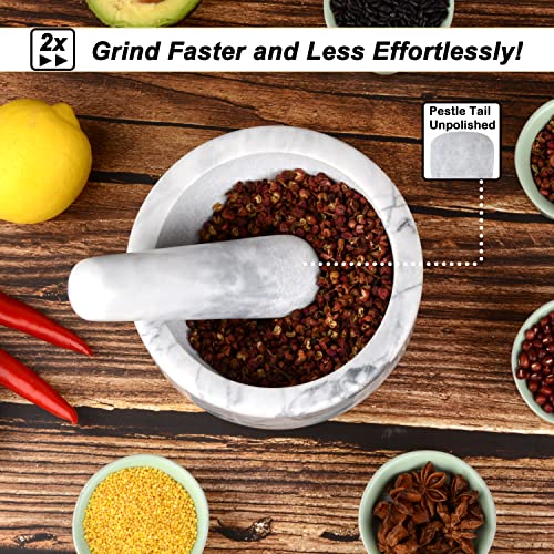 Mortar And Pestle Set Polished Natural Marble Stone Guacamole Molcajete Bowl With Base Silicone Pad,Matching Stainless Spoon And Matching Small Brush (Large, White Gray) #TOP4