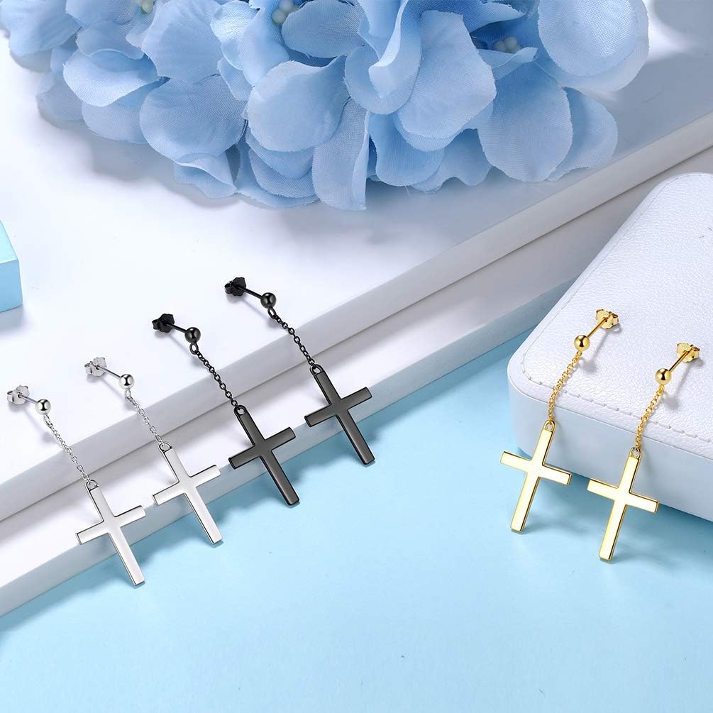 Jewmon 925 Sterling Silver Cross Dangle Earrings for Women Mens Cross Earrings Studs Amulet Religious Christian Jewelry Christmas Birthday Gifts for Daughter Son Wife Husband Friends Couples Gifts