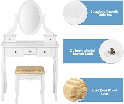 Miniatura 9 de CHARMAID Juego de mesa de tocador con espejo ovalado giratorio, mesa de maquillaje para dormitorio con 5 cajones para mujeres y niñas, tocador con