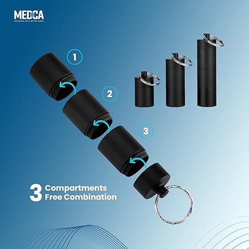 Miniatura 4 de Pastilleros de bolsillo de metal llavero para bolso para viajes, 3 compartimentos, resistente al agua, contenedor de píldoras diario para hombres y