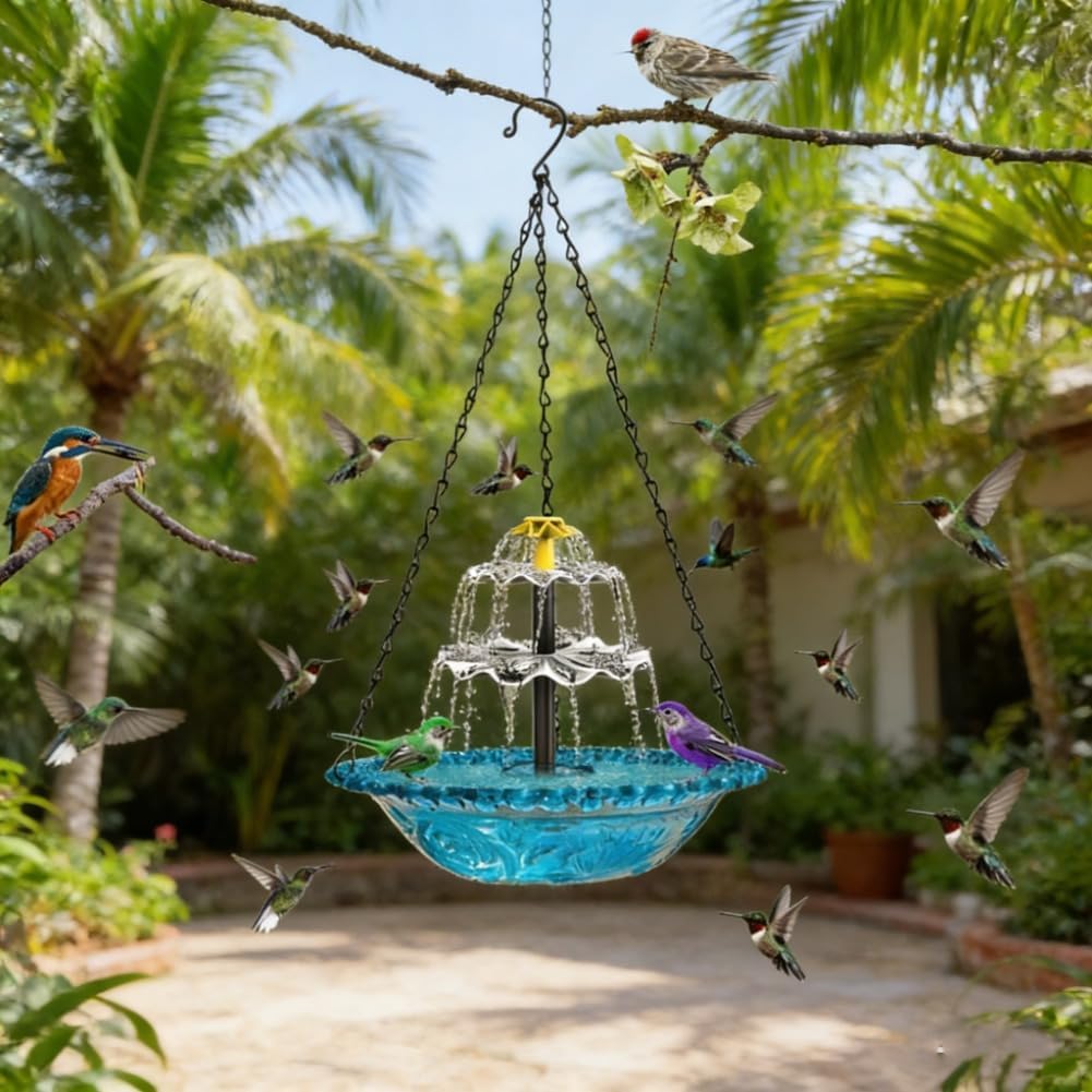 Solar Cascade Hanging Bird Bath Fountain, Outdoor Solar Powered Hanging Bird Bath with Pump Dispenser, Large Humming Birds Shower Bowl Kit for Garden Patio Yard Balcony Decoration (Blue)