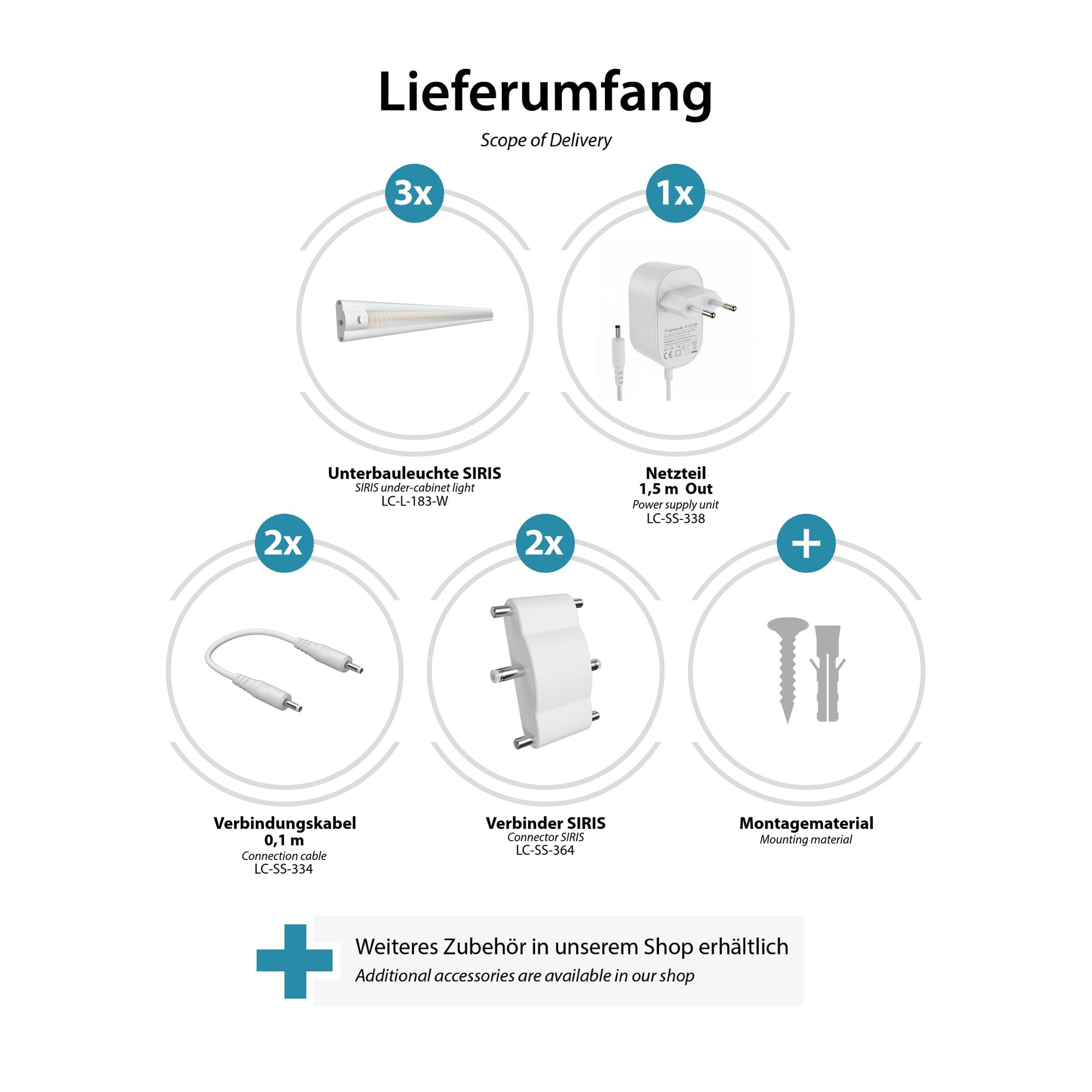 ledscom.de LED Unterbau-Leuchte SIRIS weiß matt, flach, je 50cm, je 655lm, weiß, 3er Set