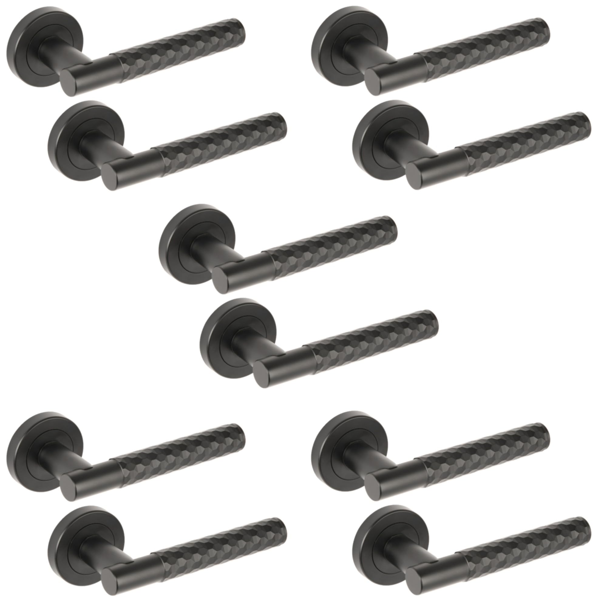 Hunta Black Matt Handlezone® 5 Sets Roca Diamond Cut Knurled Lever On Round Rose Door Handles, Internal Passage Latch Handles